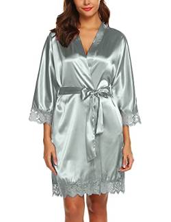 BESDEL Damen Kimono Robe Lange solide 3/4 Ärmel Kimono Robe Seide Mit Taschen Grau XX-Groß von BESDEL