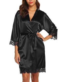 BESDEL Damen Kimono Robe Satin Bademantel mit Spitzenbesatz Kurzer Brautkleid aus Seide SchwarzSchwarz XL von BESDEL