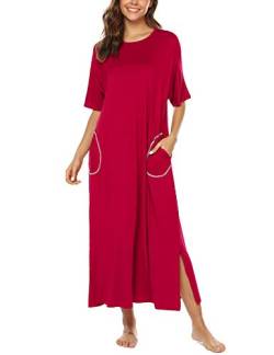 BESDEL Damen Langes Nachthemd Baumwolle Loose Plus Nachthemd Taschen In voller Länge Loungewear Schlafkleid Rot Klein von BESDEL