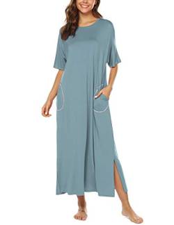 BESDEL Damen Nachthemd Langarm Nachthemd, Lässige Nachtwäsche aus Baumwolle Henley Schlafkleid in voller Länge Grau Blau XL von BESDEL