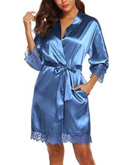 BESDEL Damen Satin Bademäntel Lange Kimono Robe Kurze Reine Farbe Braut Nachthemd Blau XXL von BESDEL