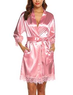 BESDEL Damen Satin Kimono Robe Kurze Reine Farbe Braut Nachthemd Morgenmantel Pfirsich XS von BESDEL