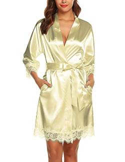 BESDEL Damen Satin Morgenmäntel Lange Kimono Robe Kurze Reine Farbe Braut Nachthemd Gold XXL von BESDEL