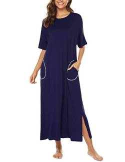 BESDEL Festes Nachthemd für Frauen, Langes Nachthemd mit Loungewear-Nachtwäsche und Tasche in Navy Blue XXL von BESDEL