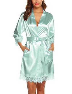 BESDEL Frauen Brautkleid Satin Kimono Robe Kurze Reine Farbe Braut Nachthemd Mint Grün XXL von BESDEL