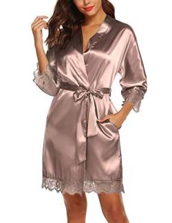 BESDEL Frauen Brautkleid Satin Kimono Robe Kurze Reine Farbe Braut Nachthemd Taupe XS von BESDEL