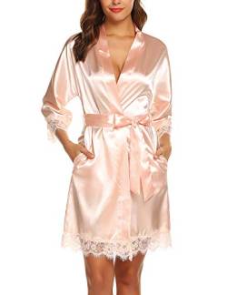 BESDEL Frauen Pure Color Satin Kimono Robe V-Ausschnitt 3/4 Ärmel Spitze unten Bademantel Champagner XL von BESDEL