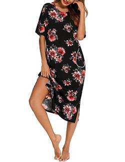BESDEL Ladies Loungewear Langes Nachthemd Ultra-Soft Nachthemd für Damen in voller Länge Nachtwäsche mit Taschen Blumendruck Schwarz XL von BESDEL