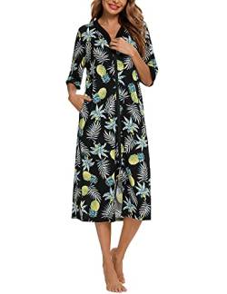 BESDEL Lässiges langes Nachthemd Bequemes Nachthemd aus Baumwolle für Damen, Hausmantel mit Reißverschluss, Loungewear mit Blumendruck und Taschen Floral Black S. von BESDEL
