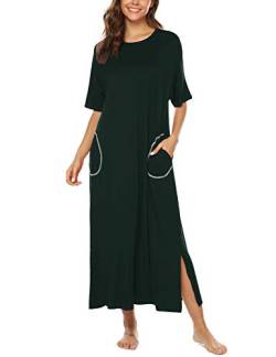 BESDEL Langes Nachthemd, Kurzarm-Nachtwäsche für Damen in voller Länge mit Taschen Dunkelgrün XL von BESDEL