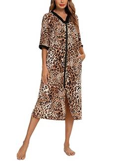 BESDEL Leopard Loungewear Langes Nachthemd Ultraweiches Nachthemd für Damen in voller Länge Nachtwäsche mit braunem Taschenleopard L. von BESDEL