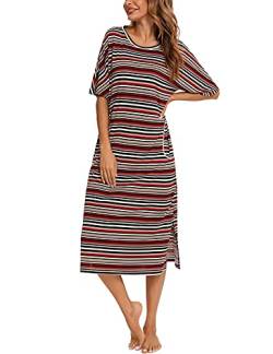 BESDEL Long Nightgown, Damen Loungewear Kurzarm Nachtwäsche Ganzes Schlafhemd mit Taschen Wine Red S. von BESDEL