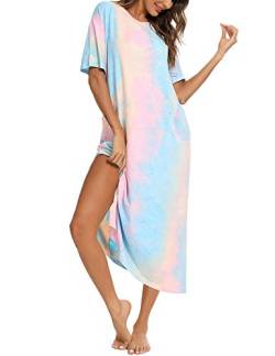 BESDEL Loungewear Long Nightgown Damen Ultra-Soft Tie Dye Nachthemd Nachtwäsche in voller Länge mit Tasche TD LPurple XL von BESDEL