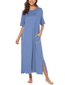 BESDEL Nachthemd, Damen Rundrund/V-Ausschnitt Loungewear Übergroßer Pyjama Lose Taschen Langes Schlafkleid Himmelblau S von BESDEL