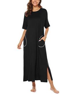 BESDEL Nightgown Damen Schlafanzug Baumwolle Nachthemd Lange Nachtwäsche Schlafanzug Schwarz XXL von BESDEL