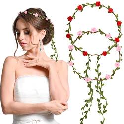 BETESSIN 2Pcs Blumenkranz Haare Blumenkrone Damen Mädchen Boho Blumen Haarband Braut Rosen Haarreif Stirnband mit Blättern Hochzeit Party Kommunion Geburtstag Kopfschmuck Rot Rosa von BETESSIN