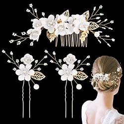 BETESSIN 3 Stk Haarschmuck Hochzeit Blumen Haarkamm Braut Perlen mit Haarnadeln Perle Gold Weiß Brautschmuck Haare Kopfschmuck Haarklammern für Frauen und Mädchen Party Accessoire von BETESSIN