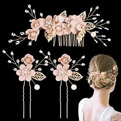 BETESSIN 3 Stk Haarschmuck Hochzeit Blumen Haarkamm Braut Perlen mit Haarnadeln Perle Rosa Brautschmuck Haare Kopfschmuck Haarklammern für Frauen und Mädchen Party Accessoire von BETESSIN