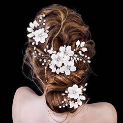 BETESSIN 3Pcs Hochzeit Haarnadeln Blumen Braut Haarspangen Muschel-Blütenblätter Hochzeit Haarschmuck Perlen Brautschmuck Haare Haarklammern Haar Clips für Damen Mädchen Silber von BETESSIN