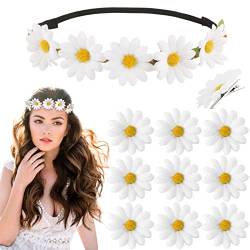 BETESSIN Blumen Haarband Sonnenblumen Stirnband mit 10 Haarspangen Gänsenblümchen Haarschmuck Weiß Haarreif Blumenkranz Damen Mädchen Strand Hochzeit Reise Karneval Party Kopfschmuck von BETESSIN