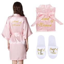 BETESSIN Maid of Honor Morgenmantel Brautjungfer Bademantel Satin Kimono Nachtwäsche + Maid of Honor Hausschuhe Frauen JGA Accessoires für JGA Hochzeit Partydeko von BETESSIN