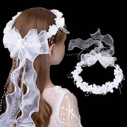 BETESSIN Stirnband Kommunion Mädchen Haarkranz Taufe Haarschmuck Prinzessin Blumen Haarreif Hochzeit Blumenmädchen Kopfschmuck Weiß Haarband mit Blüten Perlen von BETESSIN