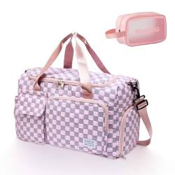 Kleine Sporttasche für Damen, Reisetasche, Handgepäck, Wochenendtasche mit Schuhfach, 39#rosa kariert, Turnbeutel und Kulturbeutel von BEULPTN