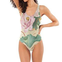 BEUSS Lotusblatt Blumenvogel Alt Badeanzug Damen Badeanzüge Einteilier Bademode Sportlich Schwimmanzug Monokini für Mädchen von BEUSS