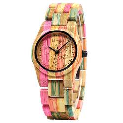 BEWELL Damen Uhr Holz Analog Japanisches Quarzwerk mit Bambus Armband Rund Armbanduhr Frauen (Mehrfarbig 2) von BEWELL