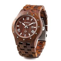 BEWELL Herren Natürliche Holz Uhr Retro Quarz Analog Armbanduhr mit Multi-Funktionen der Kalender Anzeige und Leuchtenden Zeiger Hölzerne Armband(Rotes Sandelholz) von BEWELL