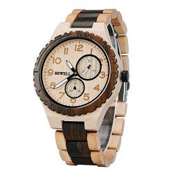 BEWELL Herrenuhr Armbanduhr Holz Analog Japanisches Quarzwerk mit Holzarmband Datum Kalender Casual Holzuhr (Beige & Schwarz) von BEWELL