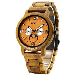 BEWELL Holzuhr Herren Chronograph Quarzwerk Holz Handgefertigte Datumsanzeige Stilvolle Armbanduhr Holzuhren von BEWELL