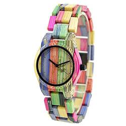 BEWELL Natürliche Hölzerne Uhren Für Damen Casual Uhr Analog Quarzwerk Armbanduhr Bunte Damenuhr mit Mischfarbe Bamboo Armband(Damen Mixed Color 1) von BEWELL