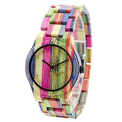 BEWELL Natürliche Hölzerne Uhren Für Damen Herren Casual Uhr Analog Quarzwerk Armbanduhr Bunte Damenuhr mit Mischfarbe Bamboo Armband(Herren Mixed Color 1) von BEWELL