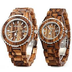 Bewell ZS-100B Paar Holz Quarz Armbanduhr Herren Damen Handarbeit Leichte Datumsanzeige Mode Uhren, Zebraholz, Quarzuhr von BEWELL