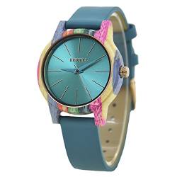 Damen-Holz-Uhr, Quarz Bewegung bunte Holz handgemachte Mode Uhren abnehmbar Armband Armbanduhr (Blau) von BEWELL