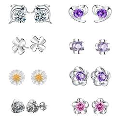 8 Paar Ohrstecker Silber 925 Mädchen Damen Hypoallergene Herzform Blume Schmetterling Zirkonia Ohrringe Set, Ohrstecker Silber für Damen Mädchen 925 Sterling Silber ​Zirkonia Schmuck Geschenk von BEYEQCEZ