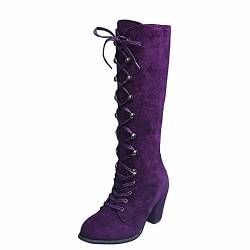 BFYSFBAIG Cowgirl-Stiefel für Damen modisch lässig Vintage Retro mittelhohe Stiefel Schnürstiefel dicke Absätze bequeme Angelstiefel Loafer-Schuhe (AV8-1-Purple, 41) von BFYSFBAIG