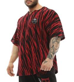 BGSM Herren Oversize T-Shirt Bodybuilding, Cardio und Powerlifting Rag Top Tee und Plus Size T-Shirt, schwarz / rot, L von BGSM