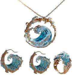 BHANAY Schmuckset „Ocean's Oath“, Set mit Ohrringen und Ringen mit Meereswellen, Schmuckset mit Halsketten und Ohrringen mit Meereswellen, Meereshalskette für Frauen, perfekte Strandgeschenke (All) von BHANAY