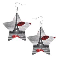 Eiffelturm mit rotem Regenschirm, bedruckt, modische Stern-Ohrringe, Anhänger, stilvoll und schön, leicht, baumelnd für Damen und Mädchen, Einheitsgröße, Leder von BHCASE