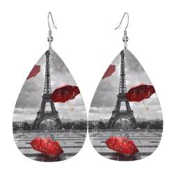 Eiffelturm mit rotem Regenschirm, bedruckt, modische Tropfen-Ohrringe, Anhänger, stilvoll und schön, leicht, baumelnd für Damen und Mädchen, Einheitsgröße, Leder von BHCASE