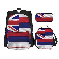 Flagge von Hawaii Amerikanischer Rucksack 3-teilig Schulranzen mit Brotdose und Federmäppchen Set > Geeignet für Jungen und Mädchen, Schwarz , Einheitsgröße, Kinderrucksack von BHCASE