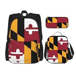 Flagge von Maryland Rucksack 3-teilig Schulranzen mit Brotdose und Federmäppchen Set > Geeignet für Jungen und Mädchen, Schwarz , Einheitsgröße, Kinderrucksack von BHCASE