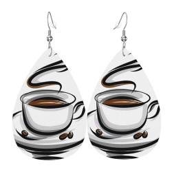 Modische Ohrringe in Tropfenform mit Kaffeetasse und Kaffeebohnen, stilvoll und schön, leicht, baumelnd für Frauen und Mädchen, Einheitsgröße, Leder von BHCASE