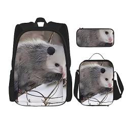 Opossum im Schnee Rucksack 3-teilig Schulranzen mit Brotdose und Federmäppchen Set > Geeignet für Jungen und Mädchen, Schwarz , Einheitsgröße, Kinderrucksack von BHCASE