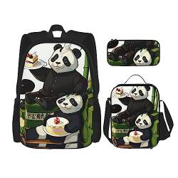 Pandas von Vater und Sohn Rucksack 3-teilig Schulranzen mit Brotdose und Federmäppchen Set > Geeignet für Jungen und Mädchen, Schwarz , Einheitsgröße, Kinderrucksack von BHCASE