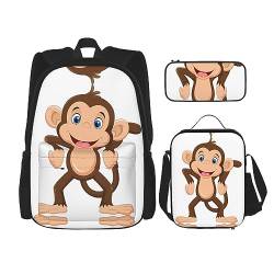 Rucksack Erwachsene Kinder Rucksack Daypack Schultasche mit Lunchtasche und Federmäppchen Kombination Niedliches Affenbild, Schwarz , Einheitsgröße von BHCASE