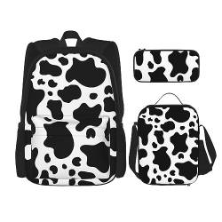 Rucksack Erwachsene Kinder Rucksack Daypack Schultasche mit Lunchtasche und Federmäppchen Kombination Schwarz und Weiß Kuhmuster, Schwarz , Einheitsgröße von BHCASE
