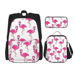 Rucksack mit pinkem Flamingo, 3-teilig, mit Brotdose und Federmäppchen, für Jungen und Mädchen, Schwarz , Einheitsgröße, Kinderrucksack von BHCASE